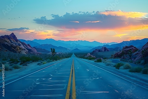 Serene Desert Highway at Sunset - Vibrant Landscape for Travel Inspiration and Wall Art photo