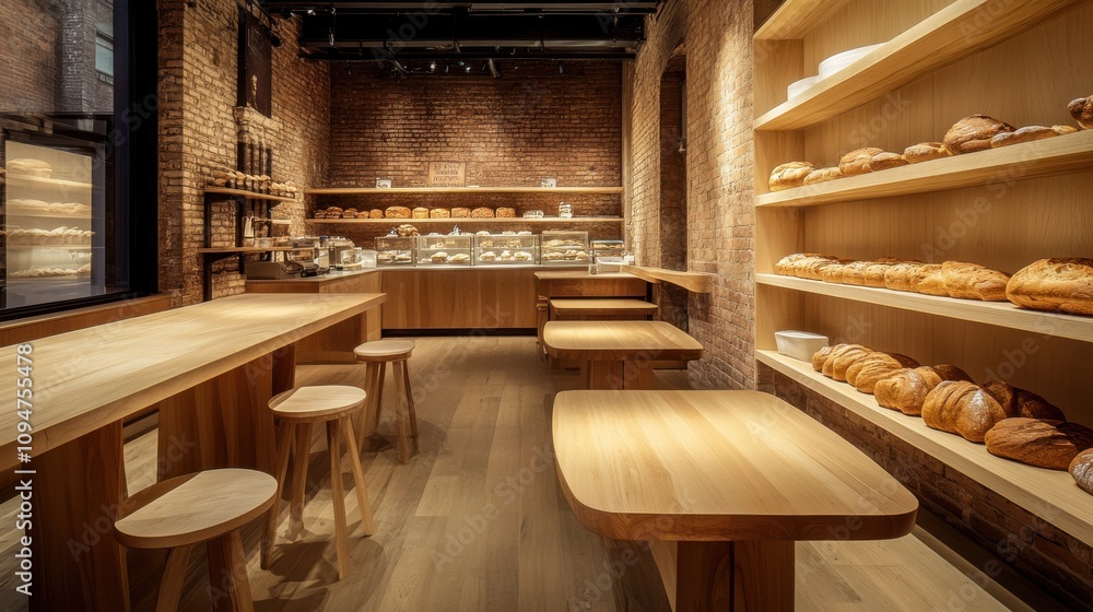 Cozy bakery offers a welcoming atmosphere with wooden tables, rustic decor, and shelves filled with freshly baked bread. Perfect for enjoying a snack or gathering with friends.