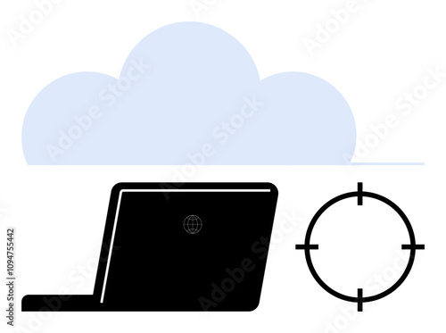 Laptop with target crosshairs and cloud, symbolizing cybersecurity measures, data protection, and online threats. Ideal for concepts in technology, cloud computing, cyber defense, data security