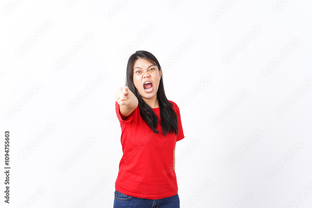 beautiful Asian woman screams with excitement, pointing forward in an expressive pose against a white background beautiful Asian woman screams with excitement, pointing forward in an expressive pose against a white background