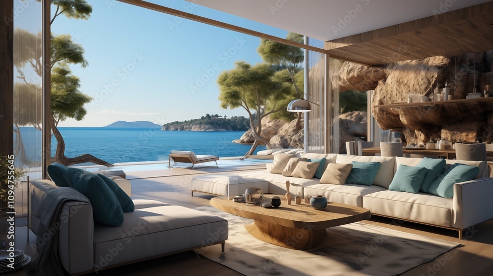 Fototapeta premium A luxury modern living room with floor-to-ceiling windows and breathtaking sea views, opening onto a private terrace.
