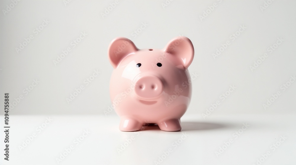 Ceramic piggy bank standing on a clean white surface, representing savings and financial planning for future goals and children's education Ceramic piggy bank standing on a clean white surface, representing savings and financial planning for future goals and children's education