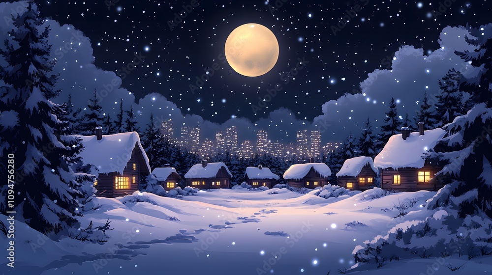 Naklejka premium Winter village scene with snow-laden cottages, distant urban skyline bathed in moonlight, cartoon-style vector artwork