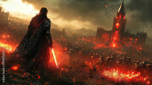 A brave warrior charges through a battlefield, wielding a glowing sword, as an army of skeletal soldiers rise from the ground around them generative AI