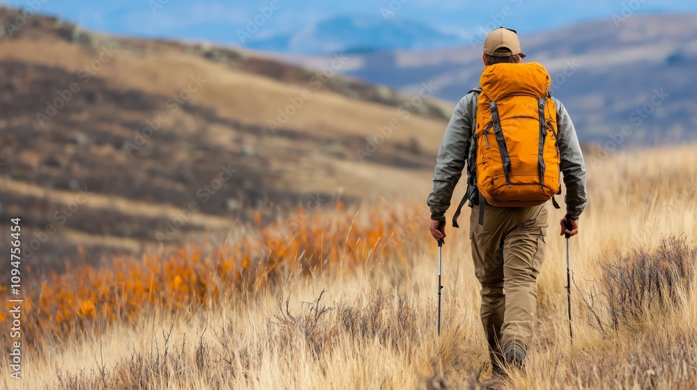 Hiker in Autumn Landscape with Backpack and Trekking Poles Hiker in Autumn Landscape with Backpack and Trekking Poles