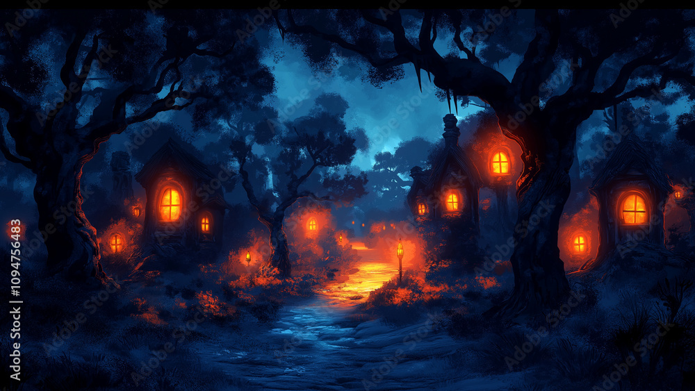 A haunted forest filled with whispering trees and glowing red eyes generative AI A haunted forest filled with whispering trees and glowing red eyes generative AI