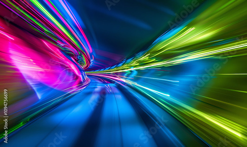 A bold, energetic background with neon green, electric blue, and hot pink streaks, blurred to convey a sense of speed and vibrancy