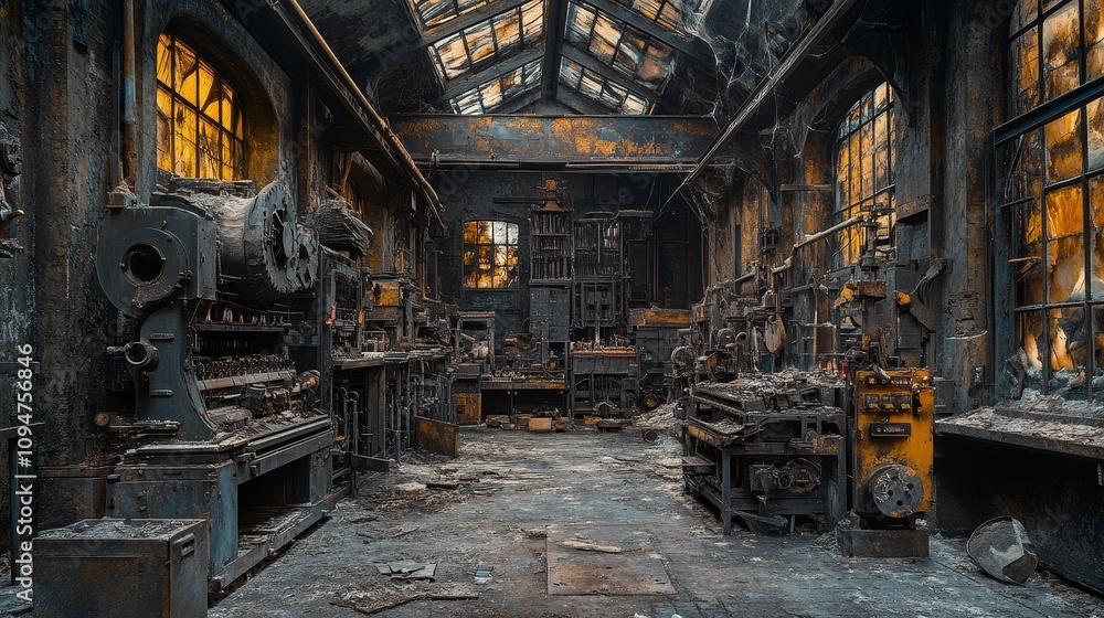 Fototapeta premium Fire-Damaged Workshop Interior with Visible Machinery and Windows