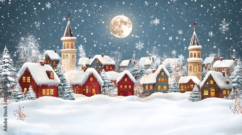 Fototapeta premium Holiday-themed snowy village with icy rooftops, sparkling cityscape on the horizon, full moon adding festive glow, vector art style