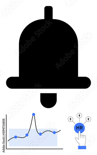 Large bell graph with peaks hand clicking HR button symbolize alerts performance, analytics. Ideal for business growth, productivity, human resources, monitoring, communication, strategy. Line