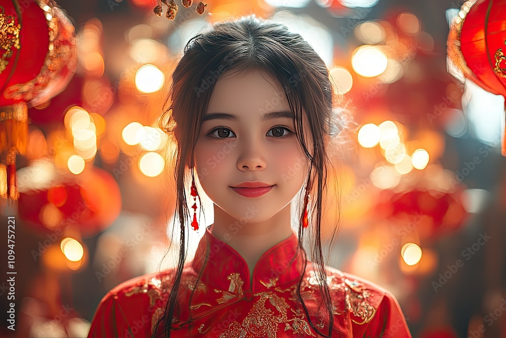 Asian girl in national red dress standing in holy place on Chinese New Year. Asian girl in national red dress standing in holy place on Chinese New Year.