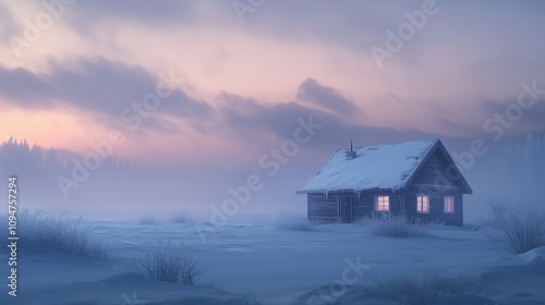 Verschneite Hütte im Morgengrauen photo