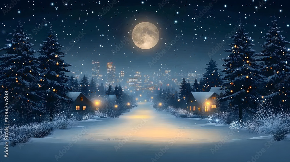 Naklejka premium Snowy village with decorated homes and pine trees, faint city buildings glowing in the background, full moon lighting up the night, vibrant vector illustration