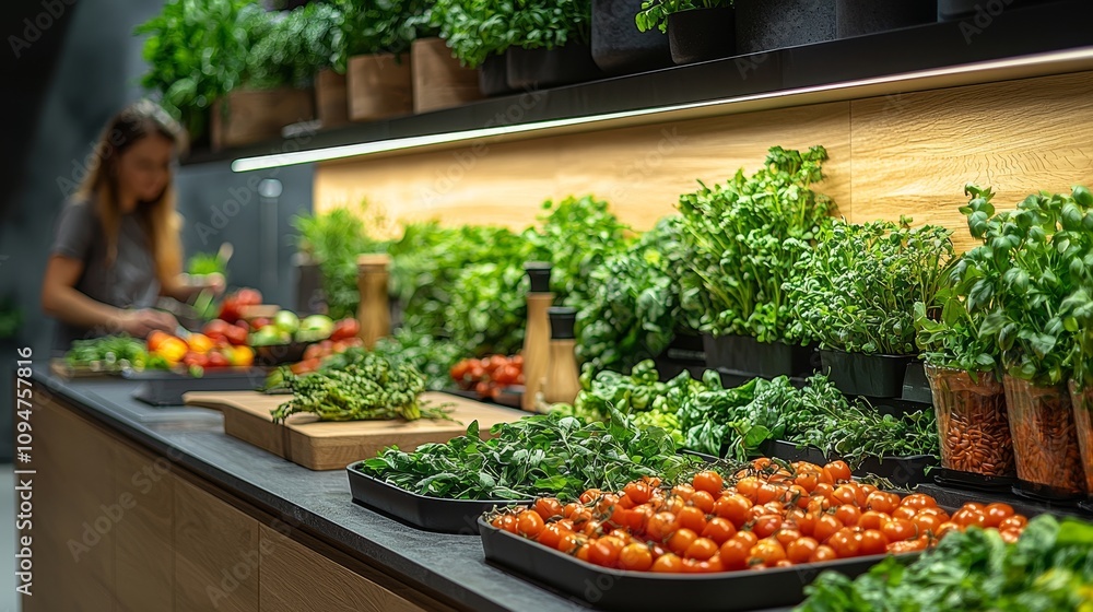 Fresh vegetables and herbs on a modern kitchen countertop Fresh vegetables and herbs on a modern kitchen countertop