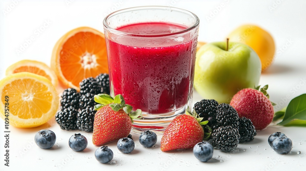 A Glass of refreshing red fruit Juice surrounded by different kind of Fruits like Berries and Citrus Fruits on a white background. Showcasing a healthy Lifestyle. Perfect for menu suggestions. A Glass of refreshing red fruit Juice surrounded by different kind of Fruits like Berries and Citrus Fruits on a white background. Showcasing a healthy Lifestyle. Perfect for menu suggestions.