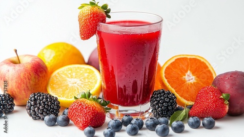 A Glass of refreshing red fruit Juice surrounded by different kind of Fruits like Berries and Citrus Fruits on a white background. Showcasing a healthy Lifestyle. Perfect for menu suggestions.