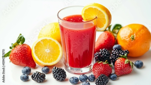 A Glass of refreshing red fruit Juice surrounded by different kind of Fruits like Berries and Citrus Fruits on a white background. Showcasing a healthy Lifestyle. Perfect for menu suggestions.