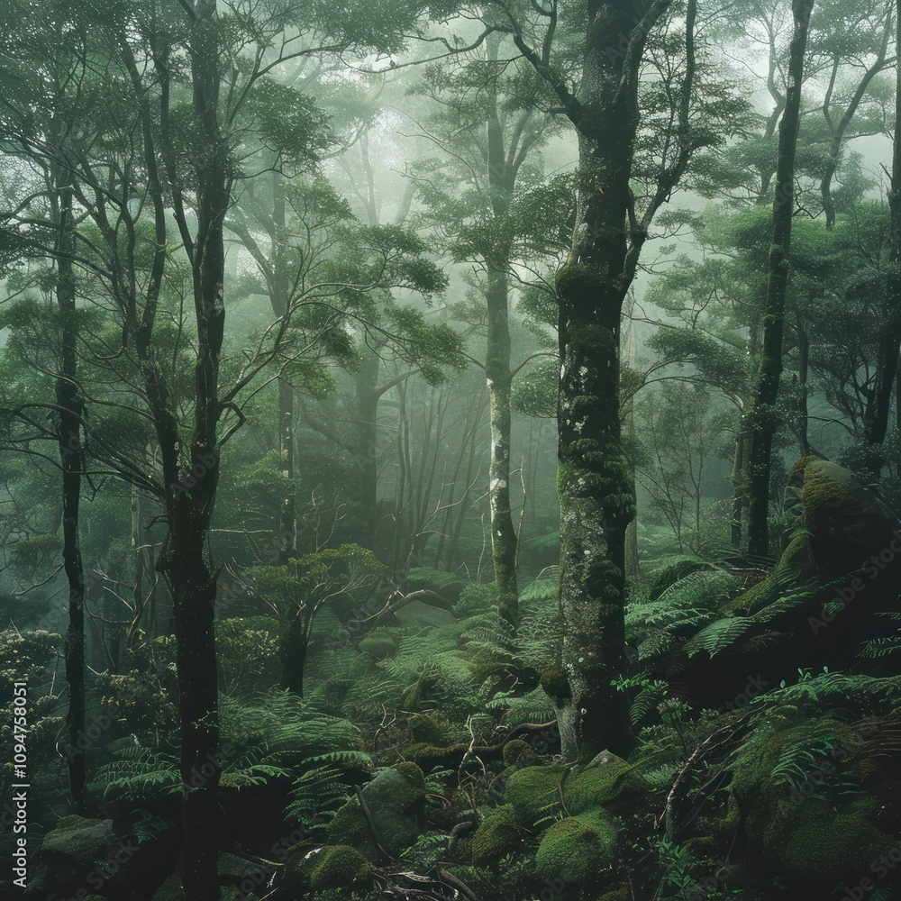 Obraz premium A pristine, untouched rainforest with dense, lush trees and vibrant foliage. Sunlight filters through the canopy, casting dappled light on the rich, vibrant ecosystem below.