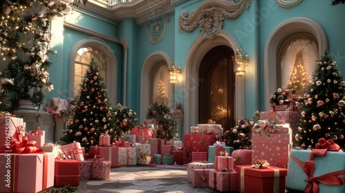 Wallpaper Mural Elegant holiday scene with lavishly wrapped gifts and decorated Christmas trees, AI Torontodigital.ca