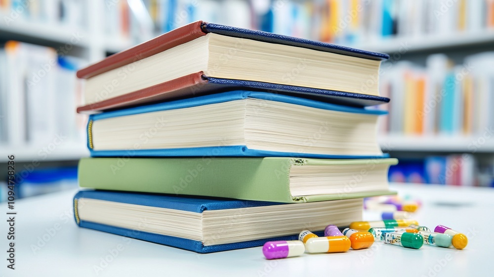 A stack of colorful books rests on a table. Nearby there are scattered pills suggesting a study of medicine. Education and health meet in one inspiring image. Generative AI A stack of colorful books rests on a table. Nearby there are scattered pills suggesting a study of medicine. Education and health meet in one inspiring image. Generative AI