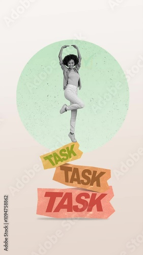 Creative sketch motion art collage video of happy american girl stand to-do task pile workaholic checkmark approval 