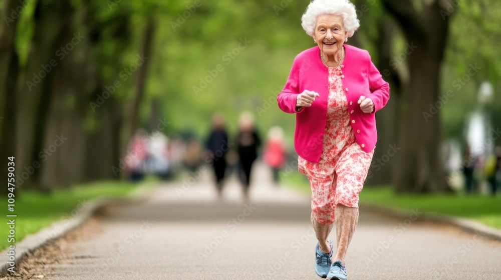 Obraz premium Elderly woman joyfully jogging in a vibrant park setting, AI