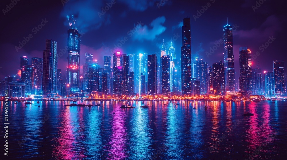 Obraz premium Vibrant city skyline at night with colorful lights and reflections