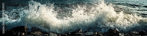 Crashing Waves: A powerful wave crashing onto a rocky shore, sending water flying through the air. photo