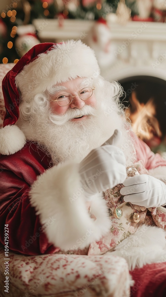 Obraz premium Santa Claus giving a thumbs-up in a cozy, festive setting by the fireplace, AI