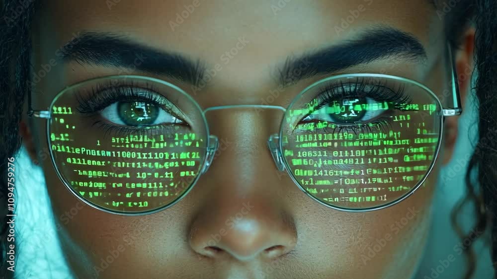 A woman with green glasses and a green background. The glasses are made of a material that is not visible A woman with green glasses and a green background. The glasses are made of a material that is not visible