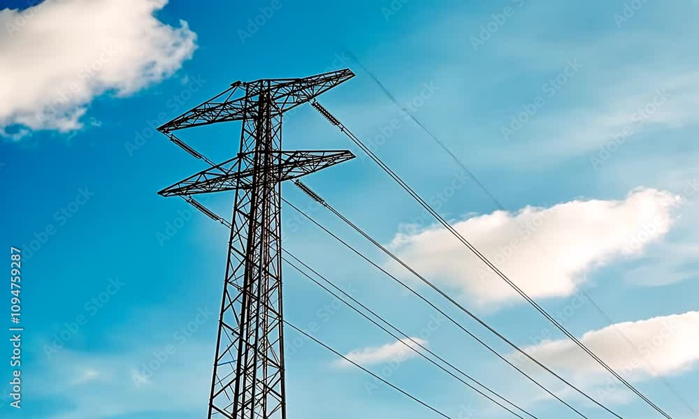 Power lines stretch across a vibrant sky showcasing engineering marvels against a backdrop of fluffy clouds Power lines stretch across a vibrant sky showcasing engineering marvels against a backdrop of fluffy clouds