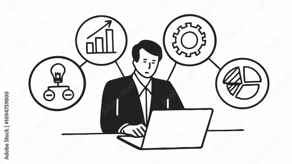 A person is working at a laptop, surrounded by symbols representing ideas, growth, settings, and data analysis. The scene suggests a focus on business and technology concepts. AI generated. A person is working at a laptop, surrounded by symbols representing ideas, growth, settings, and data analysis. The scene suggests a focus on business and technology concepts. AI generated.