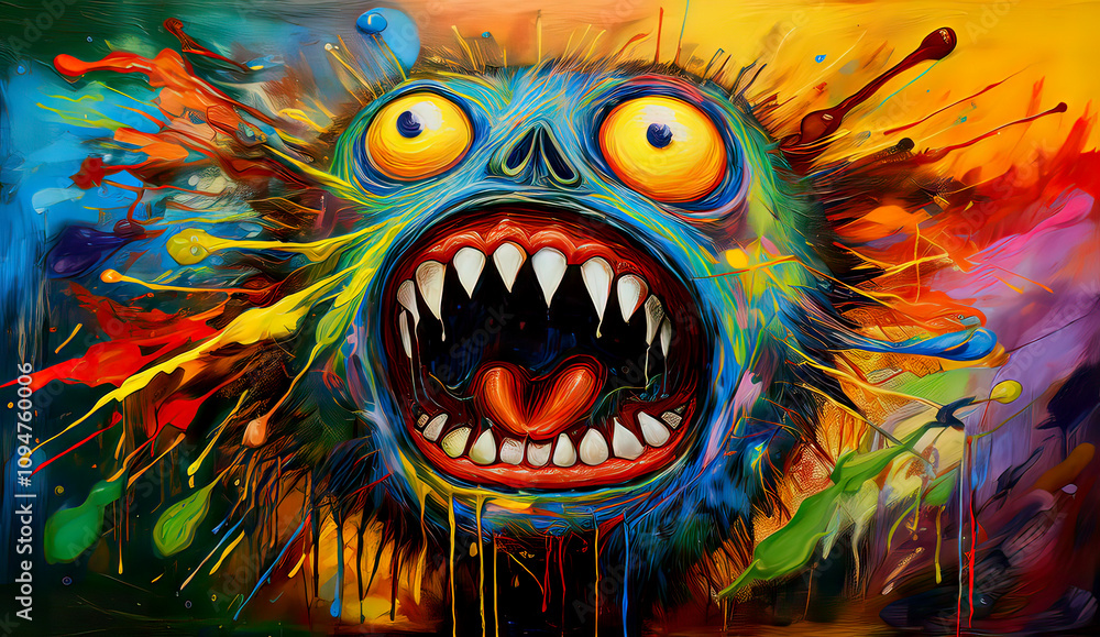 Horror-themed psychedelic painting of a monstrous figure Horror-themed psychedelic painting of a monstrous figure
