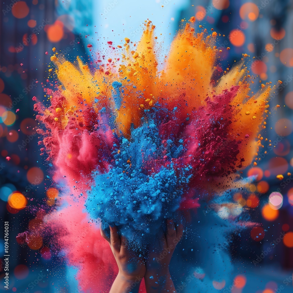 Colorful explosion of powdered pigments in hands Colorful explosion of powdered pigments in hands