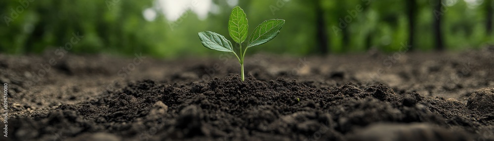 A small green seedling emerges from rich, dark soil, symbolizing growth and renewal in a vibrant forest setting. A small green seedling emerges from rich, dark soil, symbolizing growth and renewal in a vibrant forest setting.