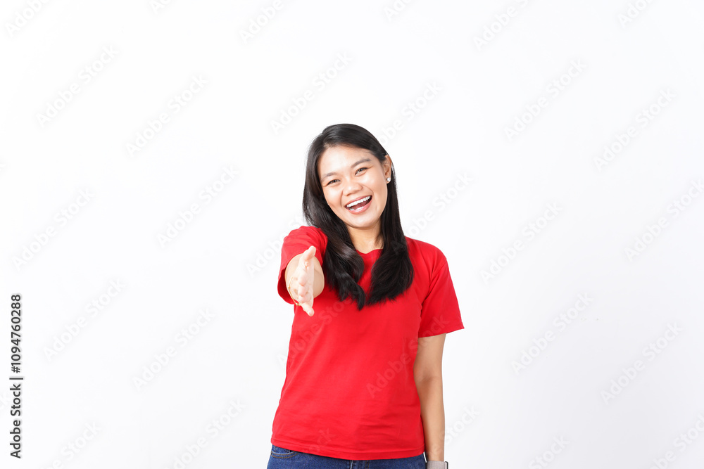 beautiful Asian woman extends her hand in an inviting gesture to shake hands, against a white background beautiful Asian woman extends her hand in an inviting gesture to shake hands, against a white background