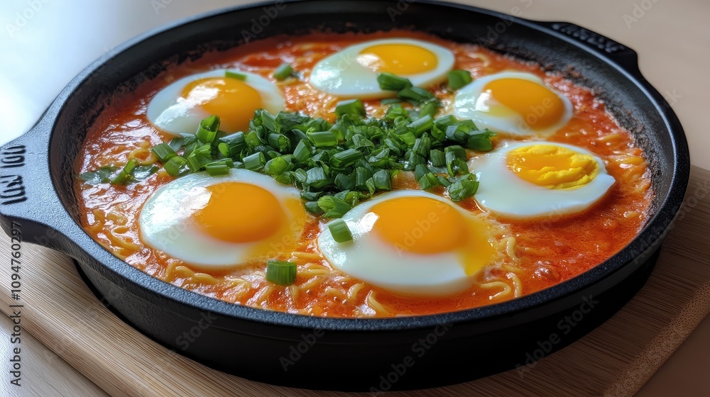 Ramen noodles are mixed with tomato sauce, adorned with a soft-boiled egg and garnished with green onions and sesame seeds Ramen noodles are mixed with tomato sauce, adorned with a soft-boiled egg and garnished with green onions and sesame seeds