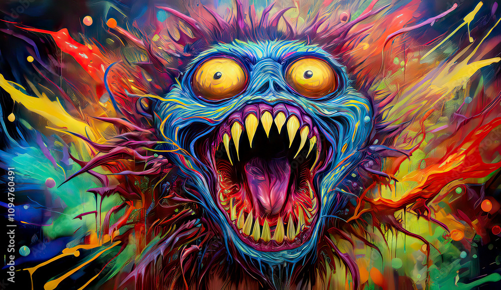 Horror-themed psychedelic painting of a monstrous figure Horror-themed psychedelic painting of a monstrous figure