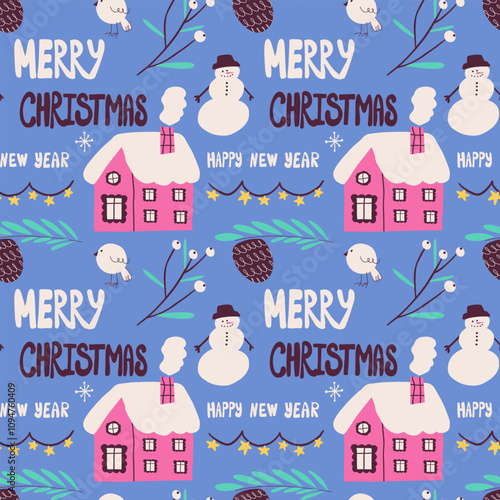 Christmas seamless pattern. Endless ornament with winter house, snowman and other winter elements on blue background.