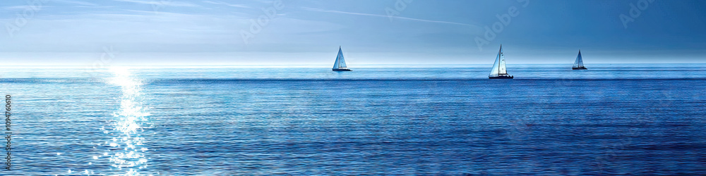 Obraz premium Seaside Serenity: A serene scene of a calm, blue ocean with white sails dotting the horizon.
