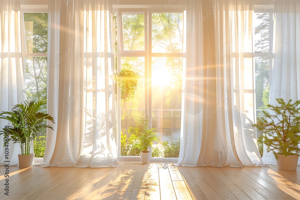 Bright sunrise through the window with white curtains fluttering, clean and simple interior, floor-to-ceiling windows, light wood floors, large white walls, golden sunlight streaming down, plants Bright sunrise through the window with white curtains fluttering, clean and simple interior, floor-to-ceiling windows, light wood floors, large white walls, golden sunlight streaming down, plants
