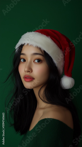 Editorial Photography of female Santa Claus, hat, simple green background