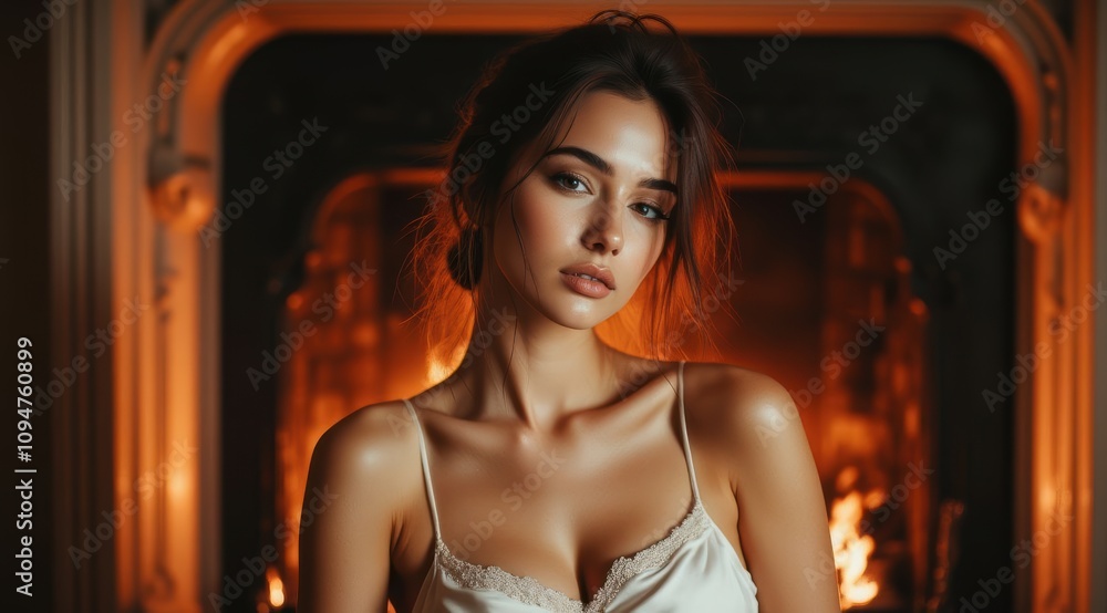 Elegant woman by the fireplace Elegant woman by the fireplace