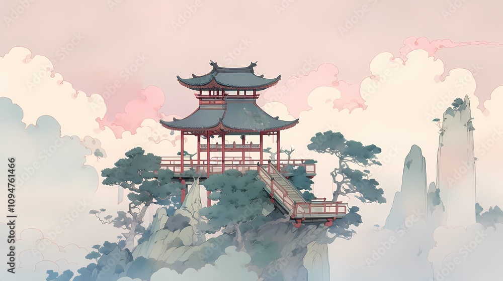Fototapeta premium Traditional Chinese landscape painting pavilion illustration poster background