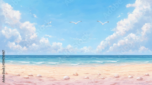 Serene Beach Scene with Gulls and Shells