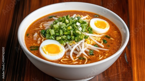 Ramen noodles are mixed with tomato sauce, adorned with a soft-boiled egg and garnished with green onions and sesame seeds