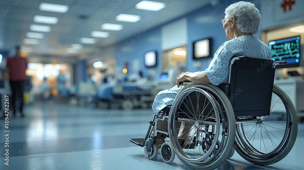A man of retirement age in a wheelchair sits in the background of a hospital. A man of retirement age in a wheelchair sits in the background of a hospital A man of retirement age in a wheelchair sits in the background of a hospital. A man of retirement age in a wheelchair sits in the background of a hospital