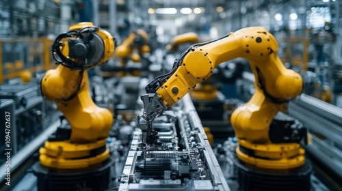 Yellow Industrial Robots on an Assembly Line