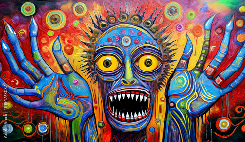 Horror-themed psychedelic painting of a monstrous figure