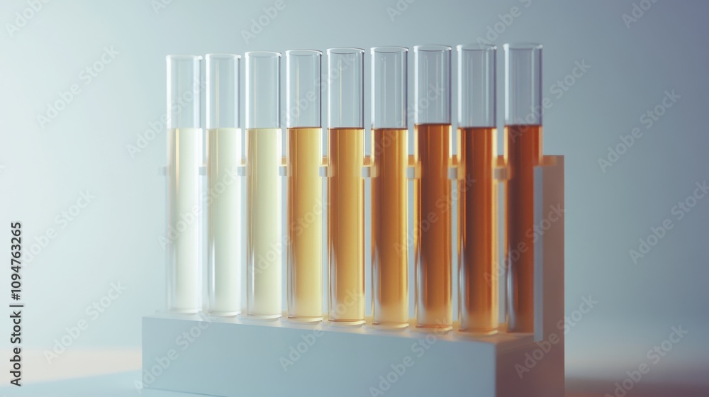 Various test tubes containing liquids in shades of yellow, orange, and clear are neatly arranged on a simple table. Natural light enhances the vibrant colors, creating an atmospheric effect. Various test tubes containing liquids in shades of yellow, orange, and clear are neatly arranged on a simple table. Natural light enhances the vibrant colors, creating an atmospheric effect.